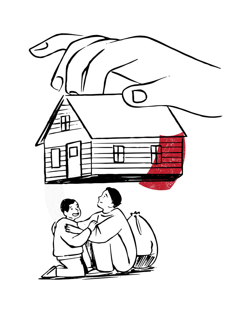 A illustration with a handing over a house to two people
