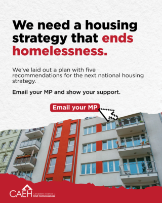 Photo of building with call to email your MP to call for a housing strategy that ends homelessness. Image links to the email your MP page